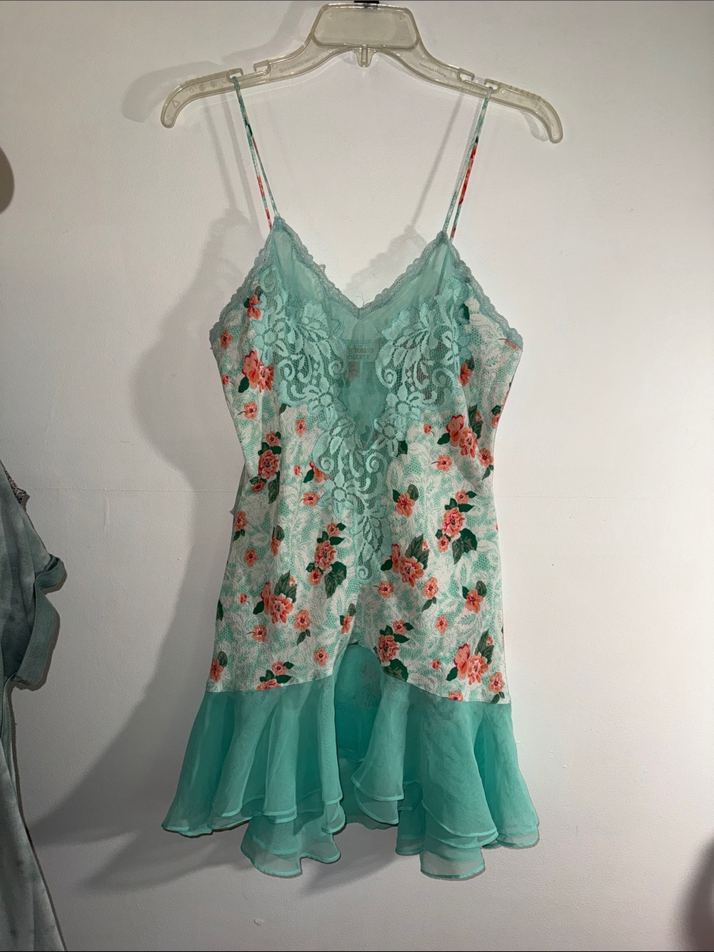 Vintage Victoria secret Floral Lace Trim Slip Dress in Mint Green